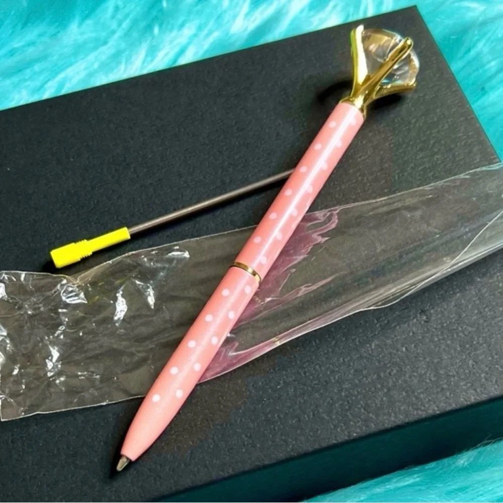 Diamond Top Peach Polka Dot Metal Ballpoint Pen Black Ink Refill PinkRainCloud